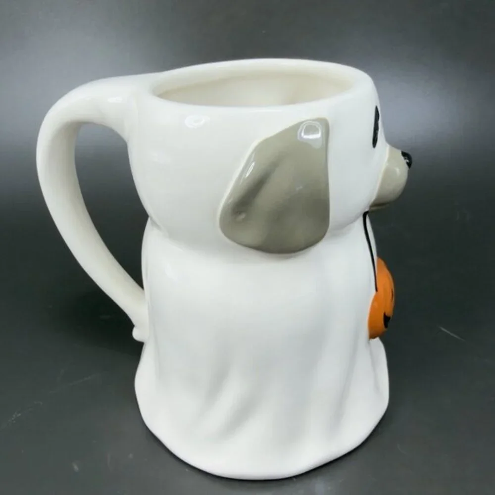 Pottery‎ Barn Ceramic Dog Ghost Holding A Pumpkin 25 Oz Coffee Mug Cup Whimsical
